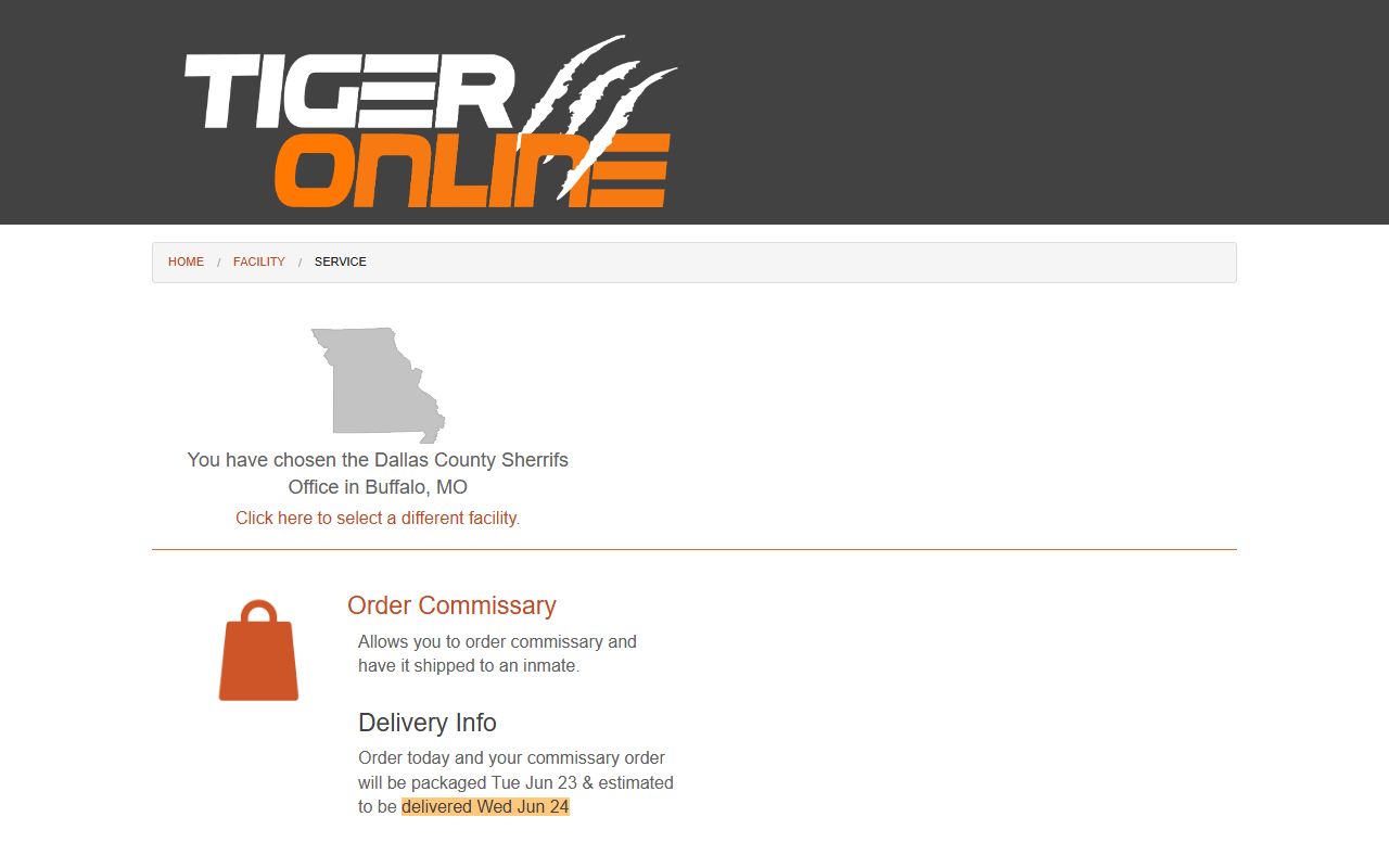 Dallas County Jail Tiger Commissary ordering page for inmate commissary